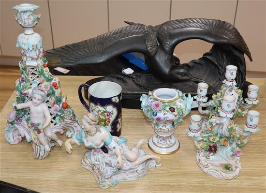 A pair of Meissen two branch candlesticks, a figural centrepiece, vase, Worcester style mug and a figure group (6 items) tallest 39cm